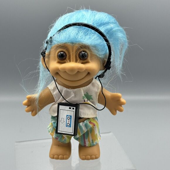 Vtg Russ Blue Hair Troll Doll Walkman Headphones Brown Eyes 18366 Sticker 4” - Picture 1 of 12